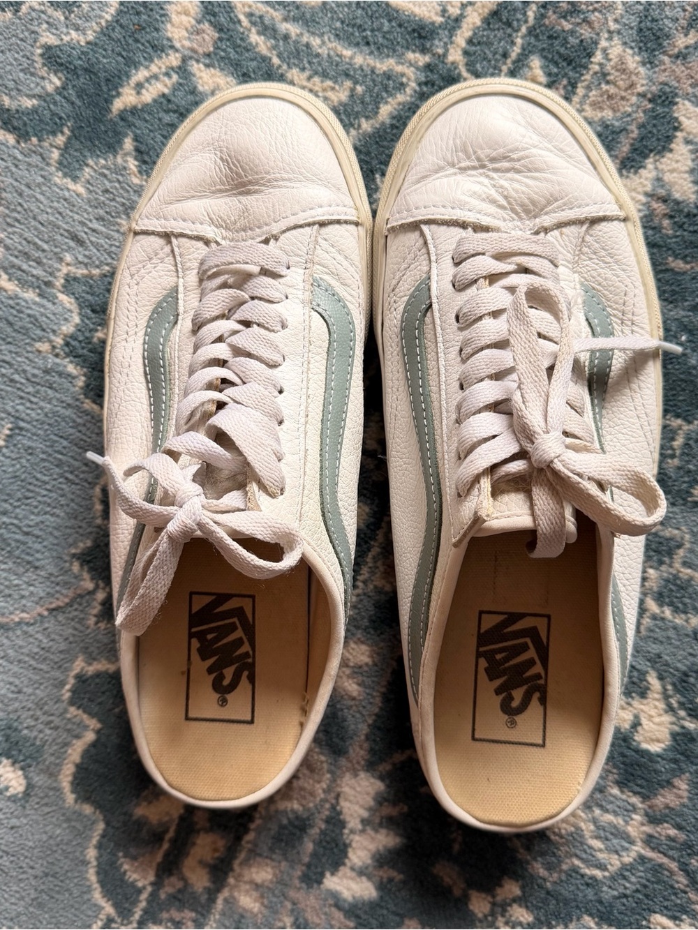 Vans White Leather Old Skool Sneakers with Light Green Stripe